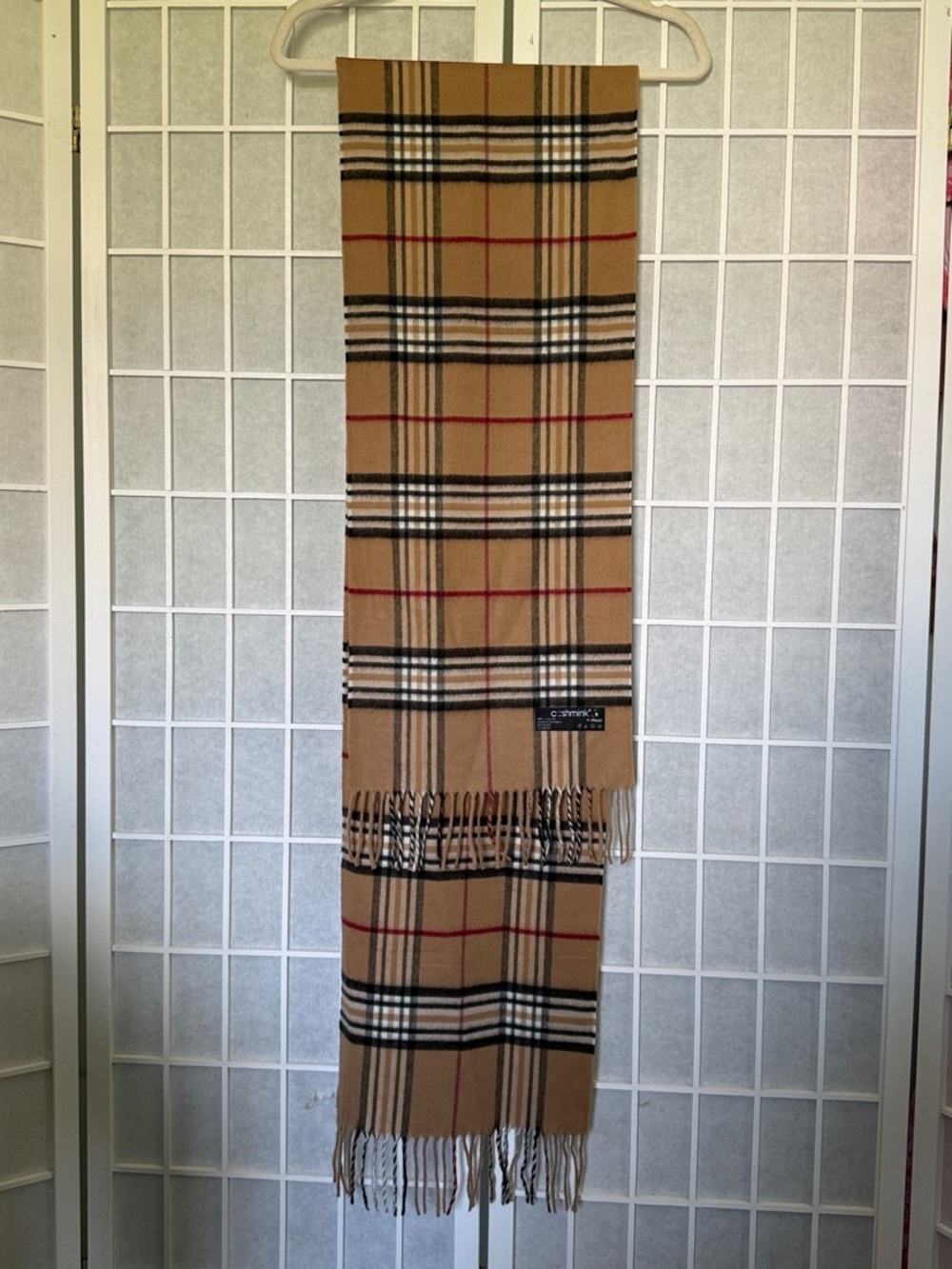 V. Fraas Cashmink Classic Tan Plaid Fringe Scarf